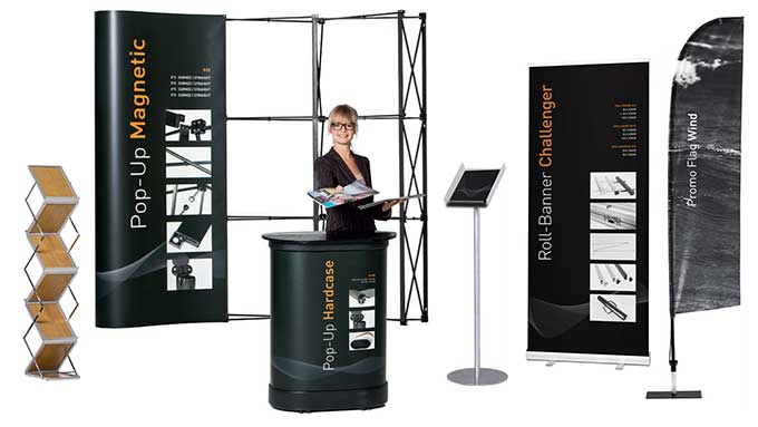 Messestand, Flags, Popups, Banner, Rollup und counter